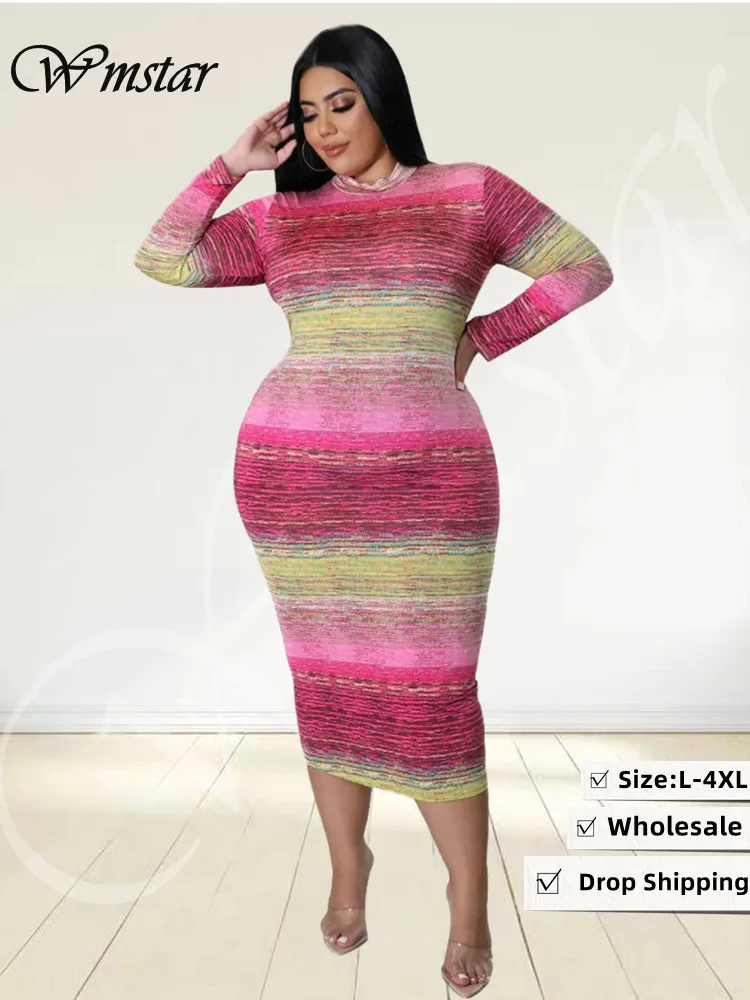 Wmstar Plus rozmiar sukienki Tie Dye Bodycon kobiety ubrania z długim rękawem Zipper powrót Casual Fashion Maxi sukienka hurtownia Dropshipping