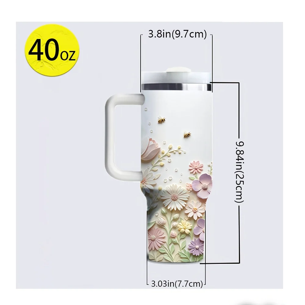 40Oz Tumbler with Handle And Straw, 3D Embossed Floral Pattern Printed Cup, Suitable for Men And Women, Fits Hot And Cold Drinks for All Seasons Indoor Outdoor Daily Use