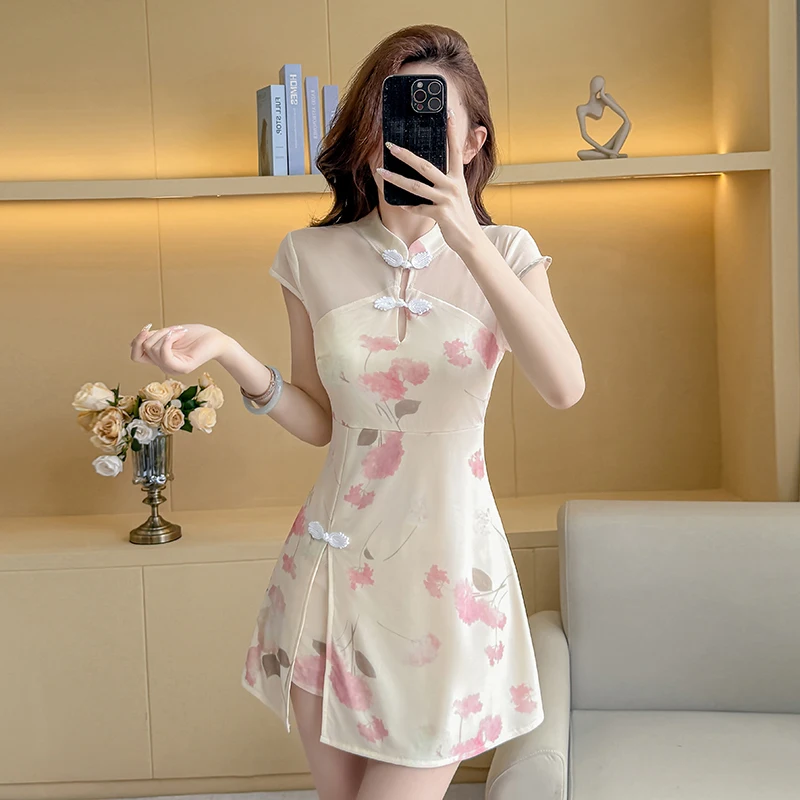 2026 New Chinese Style Mesh See Through Cheongsam Bodycon Dress+Shorts 2 Piece Set Women Mandarin Collar High Split Elastic Suit