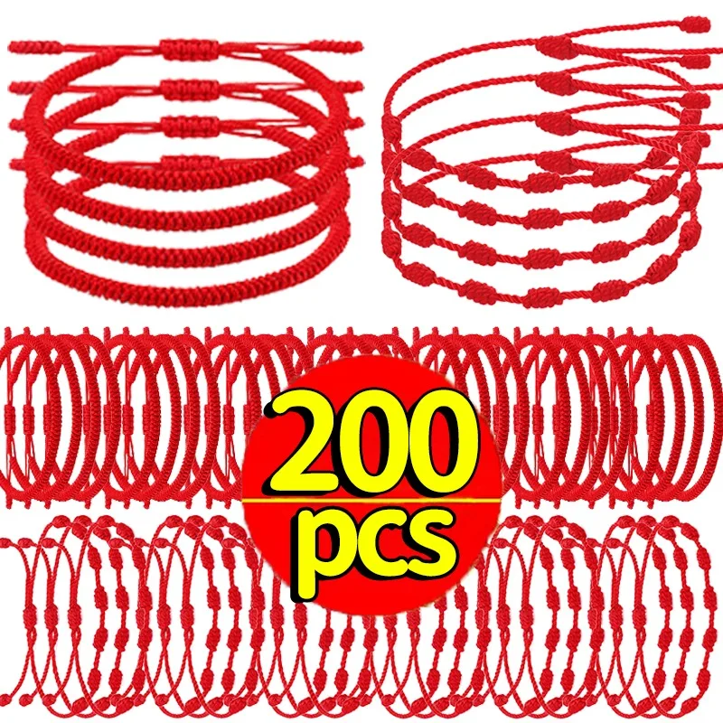 2/200Pcs 7 Knots Red String Couple Bracelet Women Men Lucky Amulet Handmade Rope Friendship Wristband Jewelry Gifts Accessory