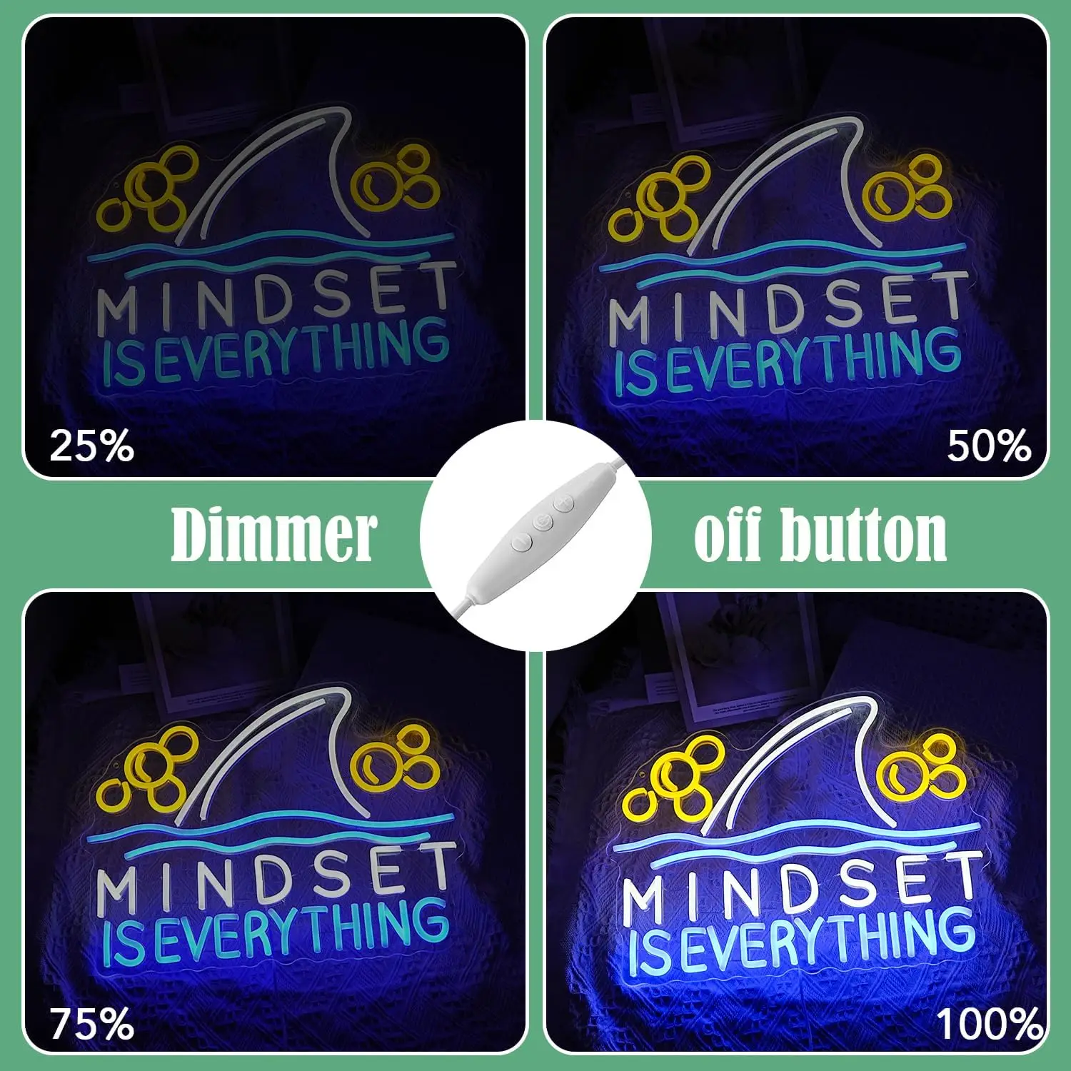 Mindset is Everything Neon Sign Dimmable Led Fish Shark Light Up Sign Wall Decor for Classroom Office Bedroom School