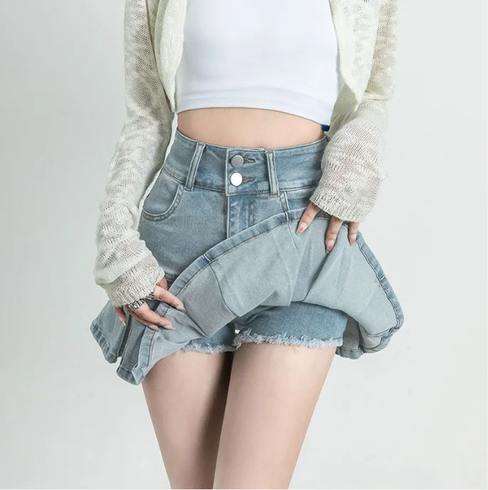 

Female Jeans Skirts Ruffle Gyaru Women's Denim Skirt Flare New In Clothing Trend 2025 Y2k Vintage Casual