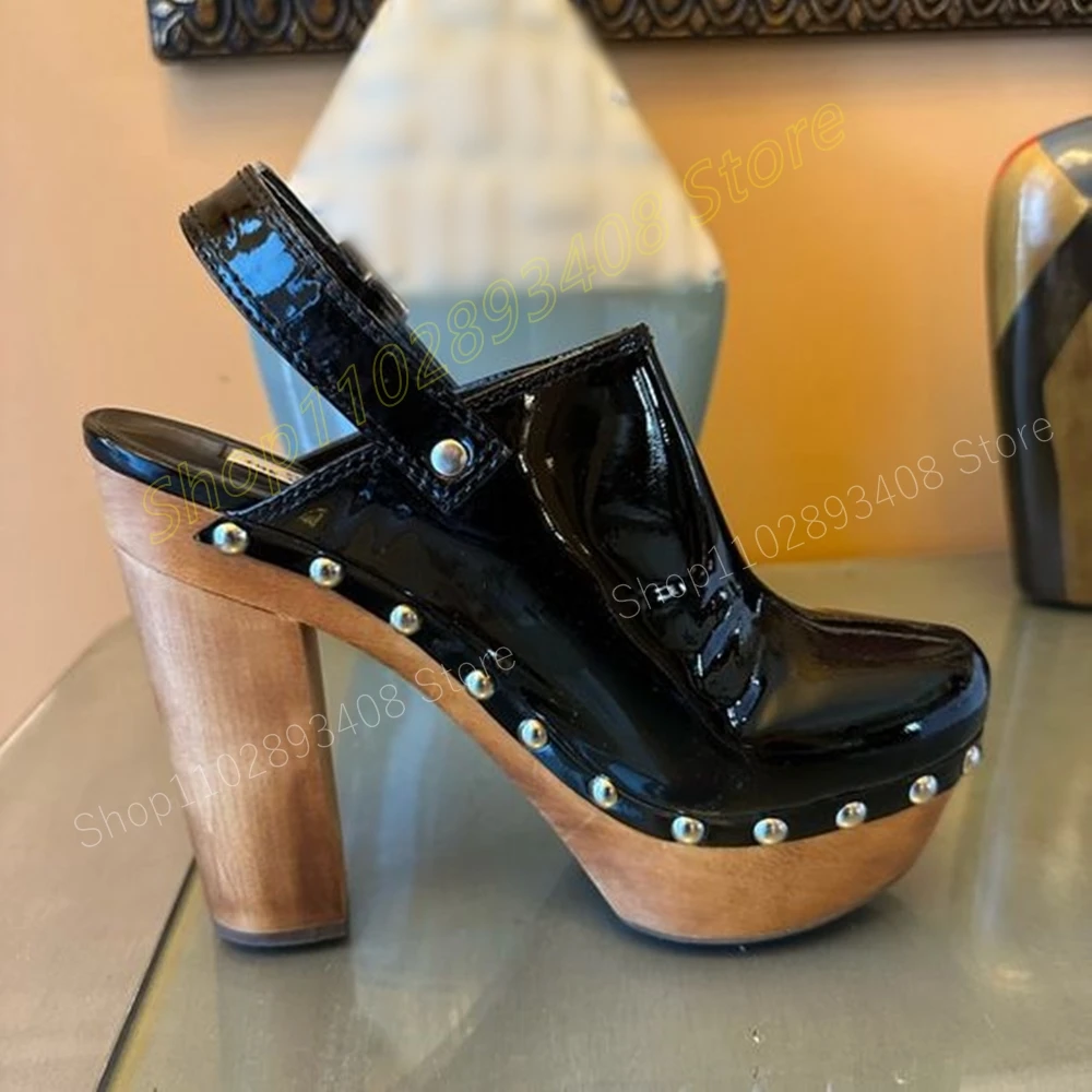 Zapatos de tacón alto grueso con remaches de punta redonda Para mujer, calzado de charol negro, estilo Retro, Primavera, 2024