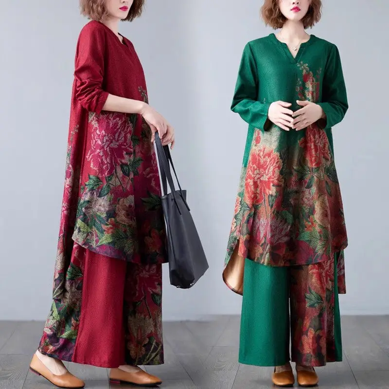 

Chinese Style Printed Two-Piece Set Women Long Sleeve V-Neck Mid Length Shirt Elastic Waist Wide Leg Pants Fashion Outfit k2431