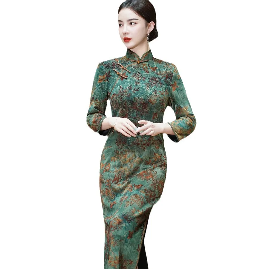 Cheongsam de talla grande para mujer, vestido de noche tradicional chino, traje largo, 5 colores, mejorado, Invierno