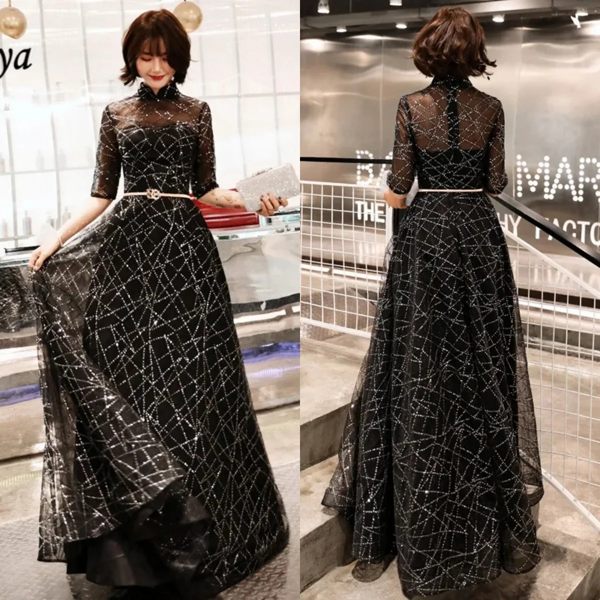 

Evening Dresses Black Sequins Tulle High Collar Half Sleeve Zipper Back A-line Floor-length Plus Size Women Party Formal Gowns