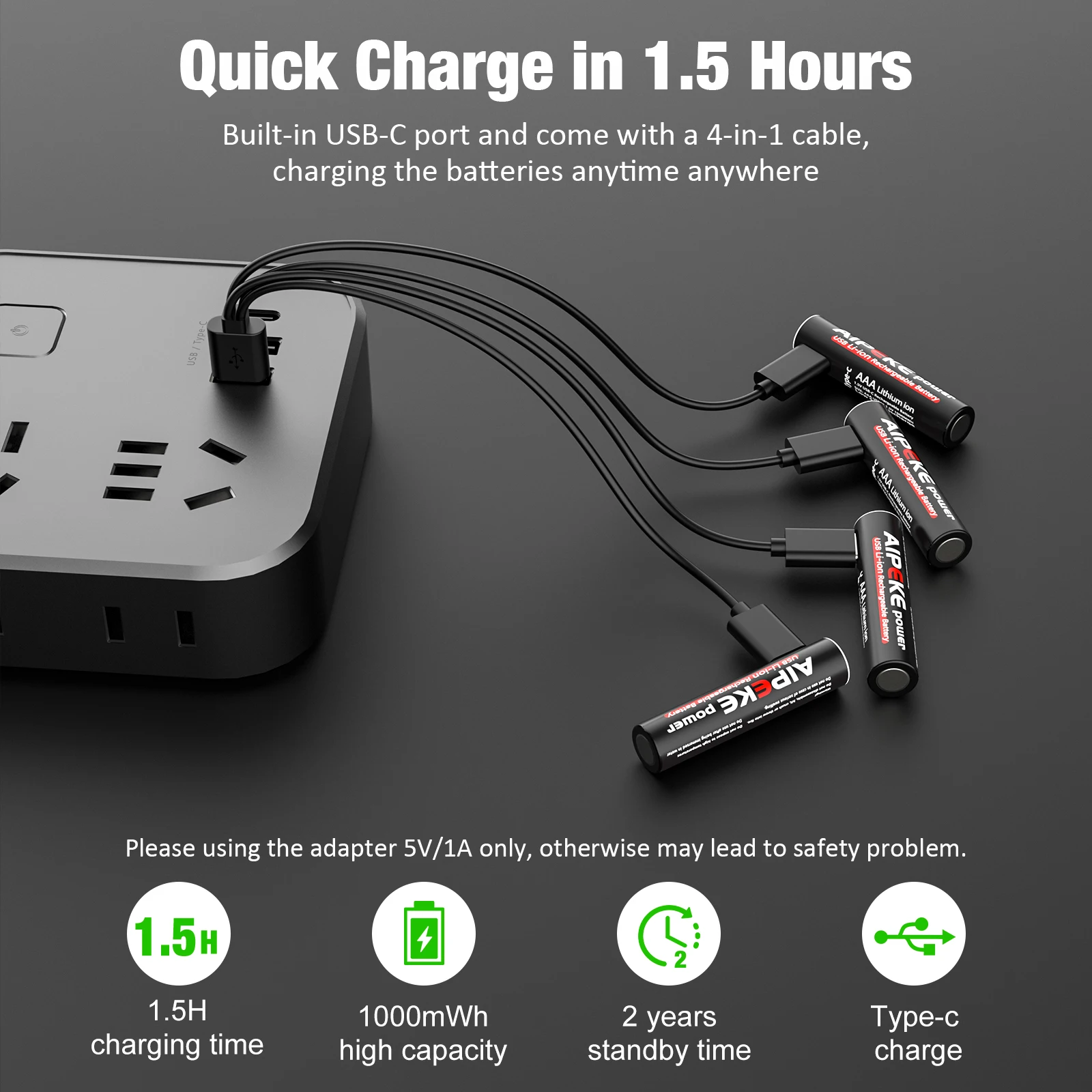 AIPEKE 1.5 فولت Aa بطاريات قابلة للشحن 3300mWh و1.5 فولت Aaa 1000mWh بطارية ليثيوم USB نوع-C منفذ شحن يمكن إعادة استخدامها 1200 مرة