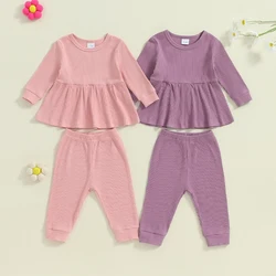 2024-05-31 Lioraitiin 1-5Y Toddler Girls Fall Outfits Solid Colors Ribbed Long Sleeve Shirt and Elastic Pants Set Baby Cute Set