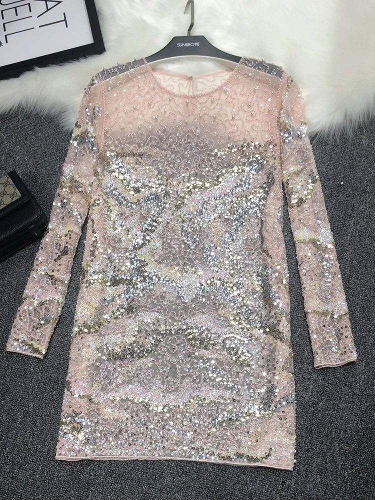 Heavy Industry Fairy Sexy Pink High-quality Temperament Mesh Sequin Dress Women\'s Mid-length Fish Scale Perspective Dress Women