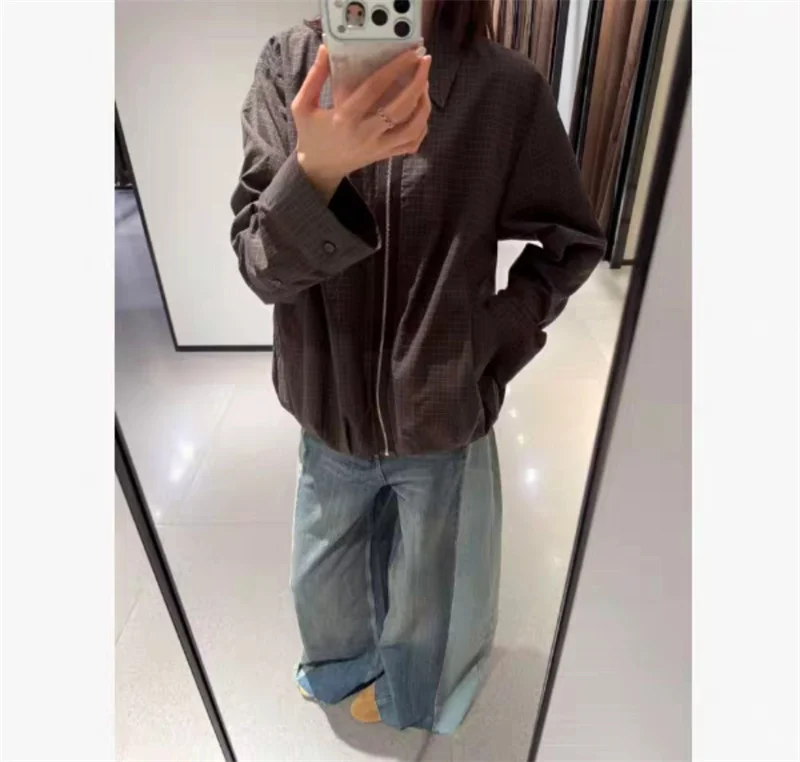 Women's Plaid Jacket Collared Zip Up Long Sleeve Checkered Oversized Casual Coat with Side Pockets Spring Autumn Outerwear
