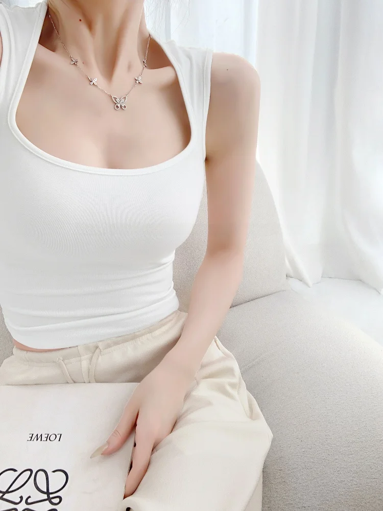 슬림핏 민소매 조끼 여성 여름 패션 배꼽 노출 U넥 셀프 키프트 빅 U넥 탱크탑 트렌디 이너웨어 탑