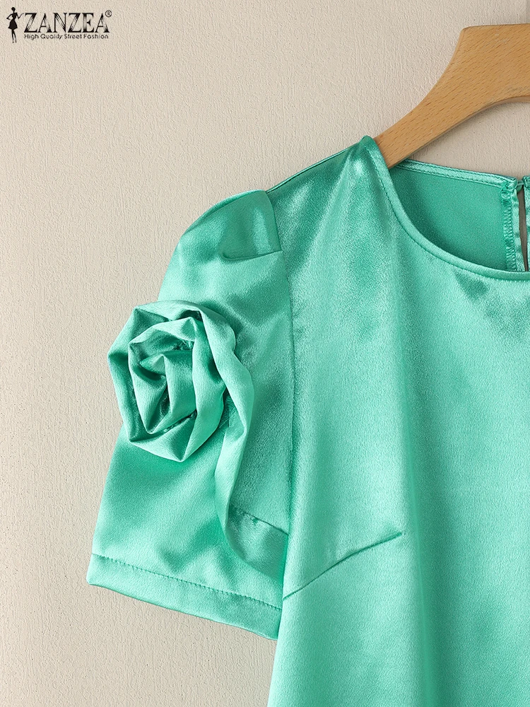 فساتين ZANZEA أنيقة للنساء بطول الركبة بحاشية صدفية من قماش الساتان وأكمام قصيرة للحفلات على شكل حرف a من ZANZEA