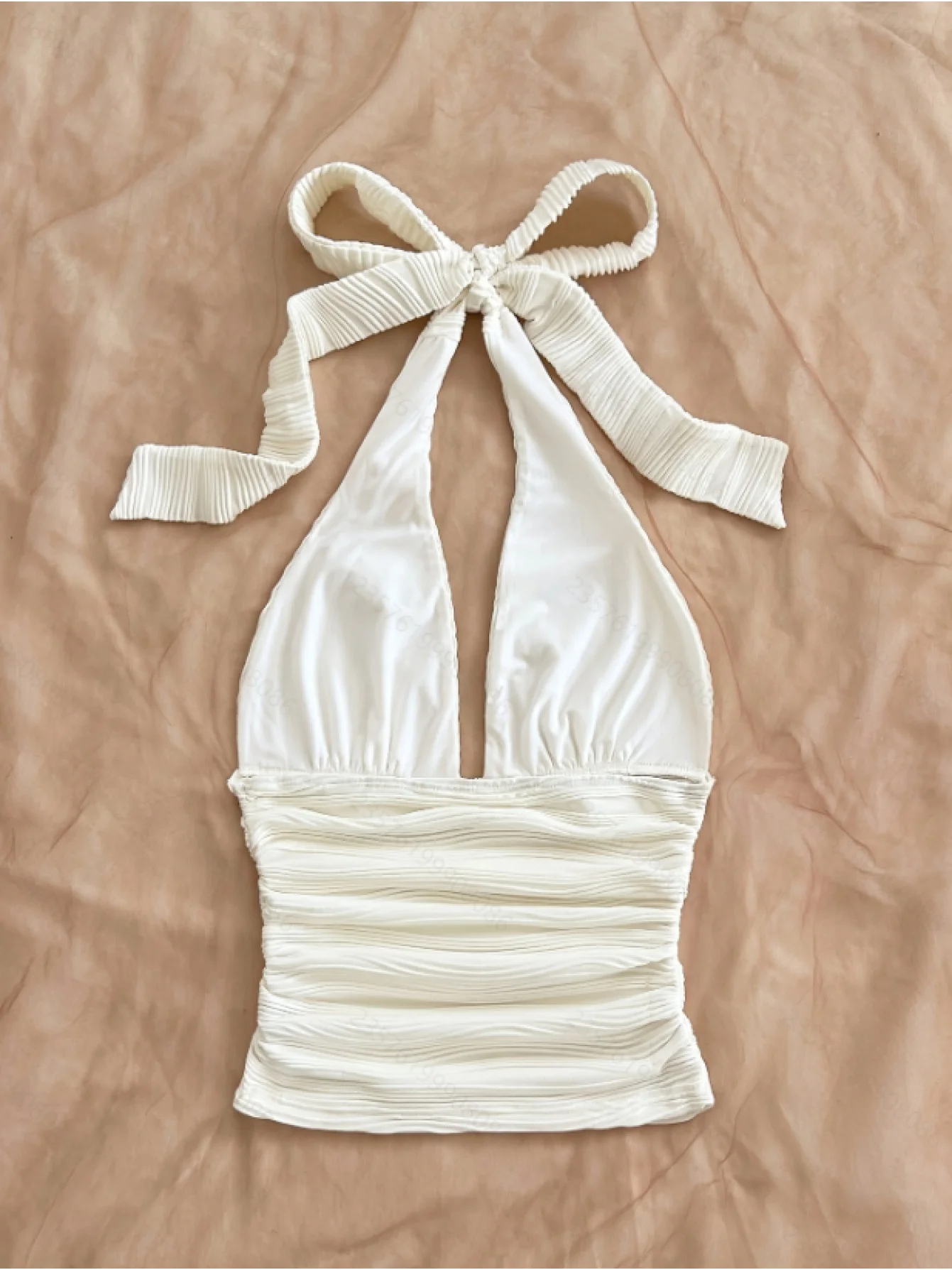 Women's Starfish Shell Ribbon Decor Textured Ruched Slim Top 2026 Summer Beach Vacation Aesthetic Outfit