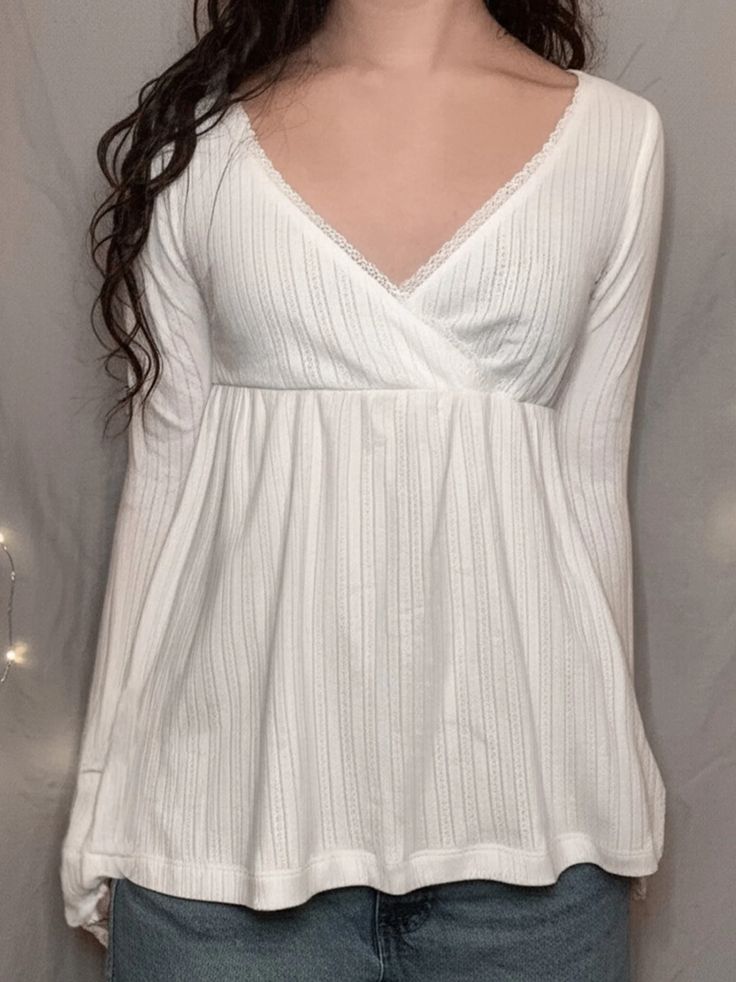 Chemisier à manches longues pour femmes, élégant, couleur unie, col en v, haut portefeuille avec bordure en dentelle, pour un usage décontracté élégant, automne