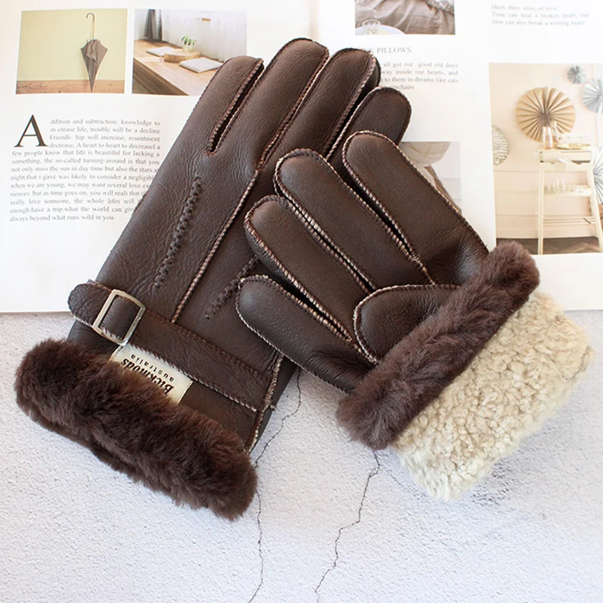 Winter Thickened Warm Leather Sheepskin Fur Gloves for Men Outdoor Activities Windproof and Cold Proof Motorcycle Riding Mittens