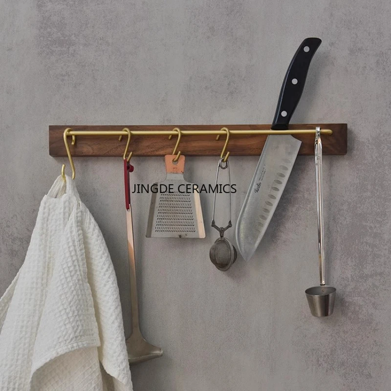 

40cm Wall Mounted Wooden Knife Holder Kitchen Racks Tool Storage Rack Metal Hanging Rod Home Accessories, Holder Without Hook