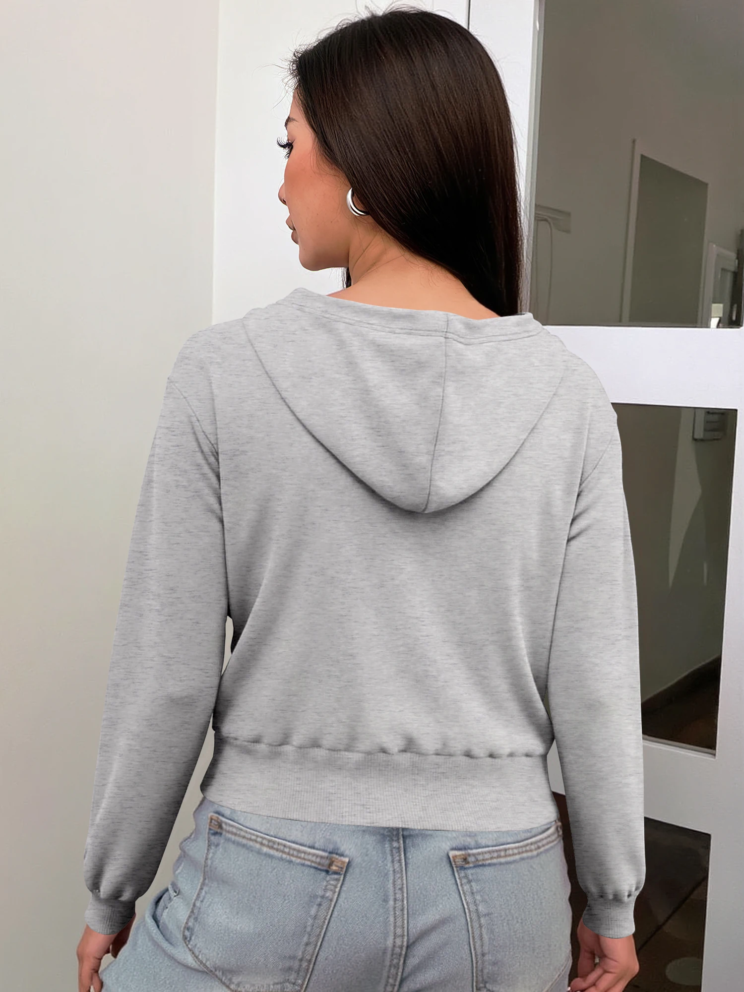 Hip Hop Street Solid Cropped Zip Up Hoodie Ladies Long Sleeve Simple Solid Hooded Outer Jacket