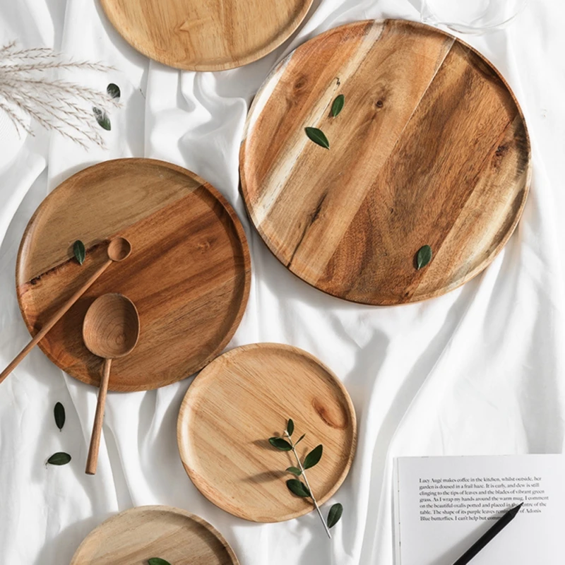 Japanese Solid Wood Tray Disc Fruit Snack Plate Bread Dessert Bowl Household Vegetable Dishes Tableware Accessories