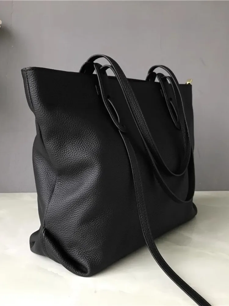 Nuevo bolso de mano informal de gran capacidad para mujer, bolso de mano de cuero genuino para oficina, bolso de hombro individual a la moda de Color sólido con cremallera