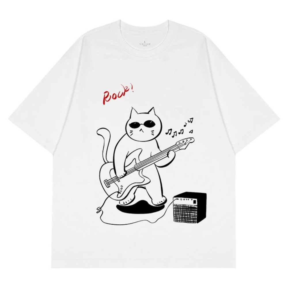 Rock Bass Cat Graphic T Shirt Summer Unisex Men Women Hand Drawn American Streetwear Music Band Casual Tee Tops