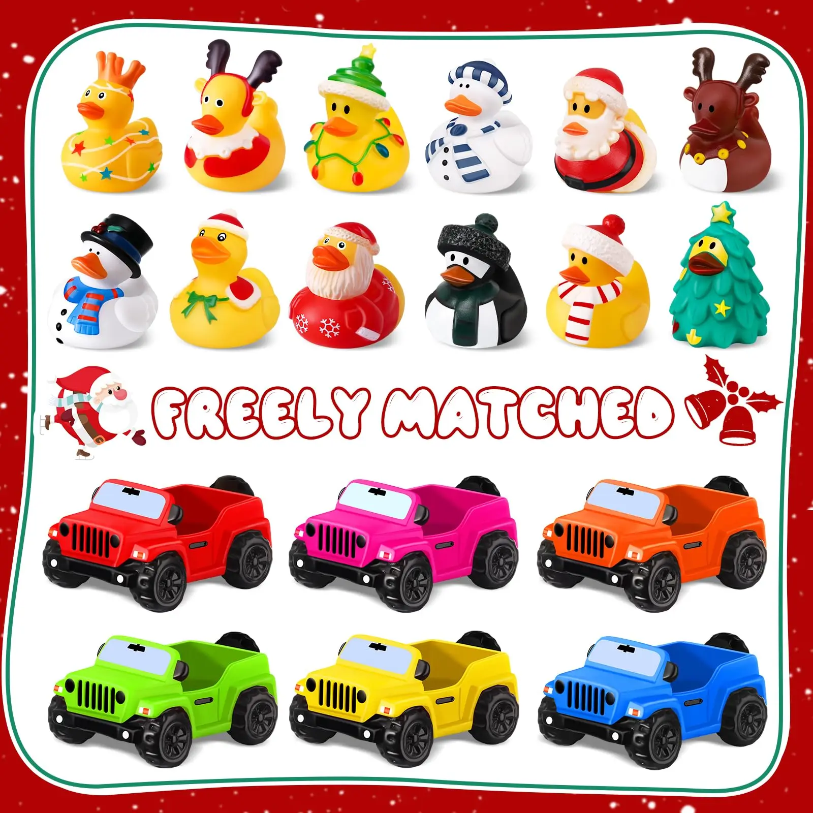 24 patos de goma para patos Jeep navideños, patos Jeep de 3,5 pulgadas para patos, Jeeps adecuados para patos de 2 pulgadas, 12 gomas navideñas