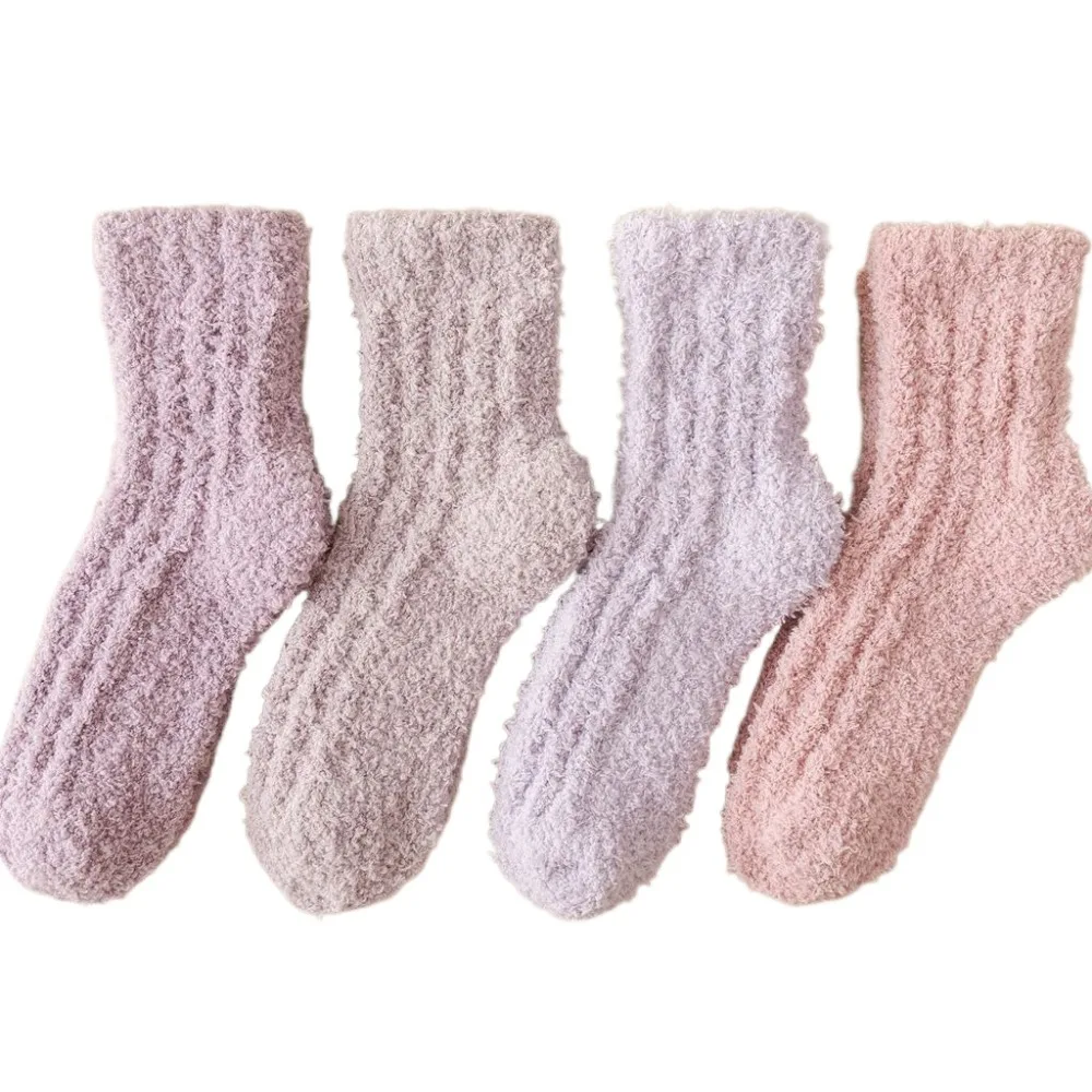 

4Pairs Cute Thickened Coral Fleece Socks Sleeping Winter Floor Plush Socks Simple Hosiery Mid Tube Socks Women Winter