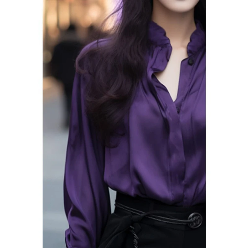 Spring Summer Stand Collar Elegant Fashion Long Sleeve Blouse Female Temperament Solid Color All-match Cardigan Top Women Shirt