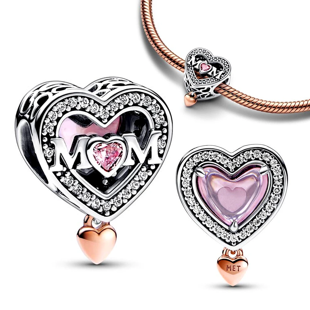 Two-tone Openwork Mom & Heart Charm Silver Plated Fit Pandora Charms Silver 925 Original Bracelet for Jewelry Making