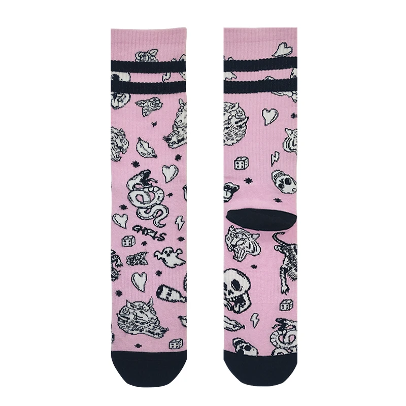 Original Design Pink Harajuku Retro Skull Punk Skeleton Crew Socks Elastic Unisex Cotton Women Men Stocking Novelty Long Socks