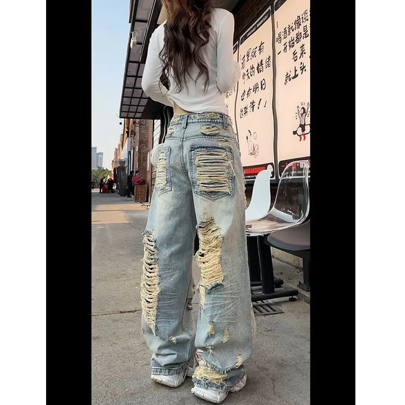 سراويل جينز ممزقة عصرية من Street Hottie Beggar للسيدات من High Street Retro فضفاضة ورقيقة واسعة الساق
