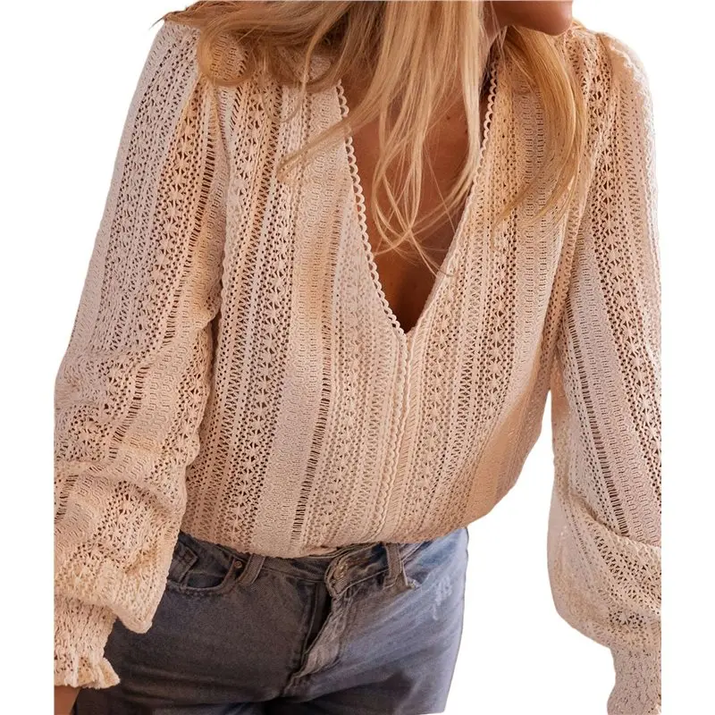 ABRT-Long Sleeve Tops For Women Eyelet Scalloped Lace V Neck Blouse Casual Loose Fashion Shirts Apricot Color L