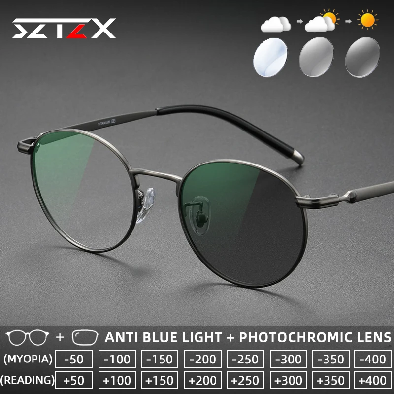 

SZTZX Vintage Pure Titanium Photochromic Reading Eyewear Anti Blue Light Round Myopia Glasses Progressive Prescription Glasses