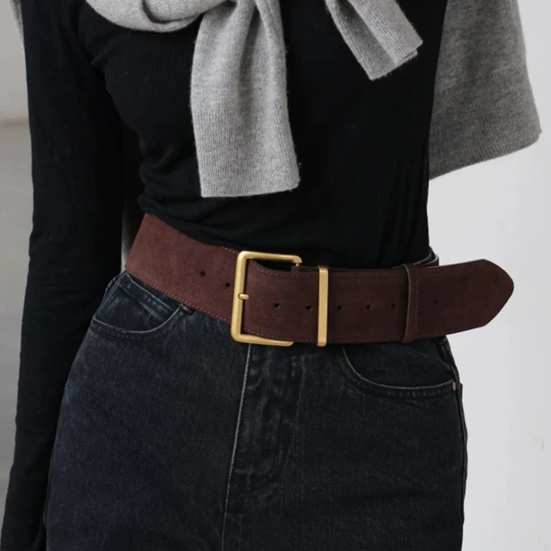 Vintage Genuine Leather Women Belt Design Suede Cowhide Dress Waistbands Simple 5.8CM Wide Belt Retro Gold Buckle Waist Belts