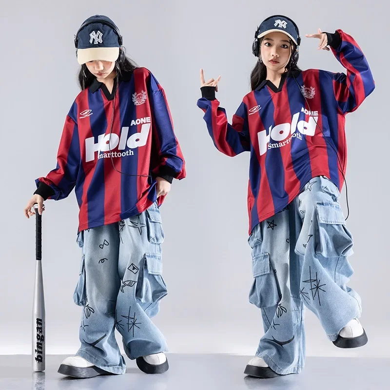 Jungen Hip Hop Streifen Sweatshirt Jogger Hosen Mädchen Lose Streetwear Kinder Kleidung Sets Kinder Jazz Street Dance K-pop Kostüme
