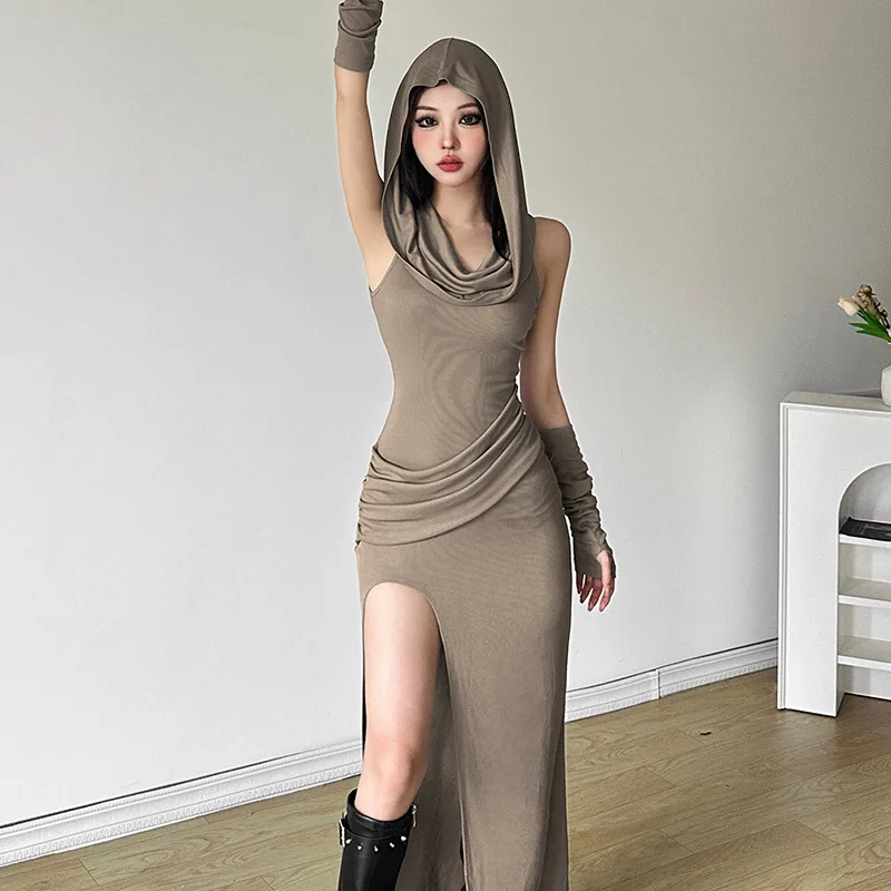 #4229 Khaki Sleeveless Hooded Long Dress Women Slim Asymmetrical Bodycon Dress Femme Gloves Slim Folds Streetwear 