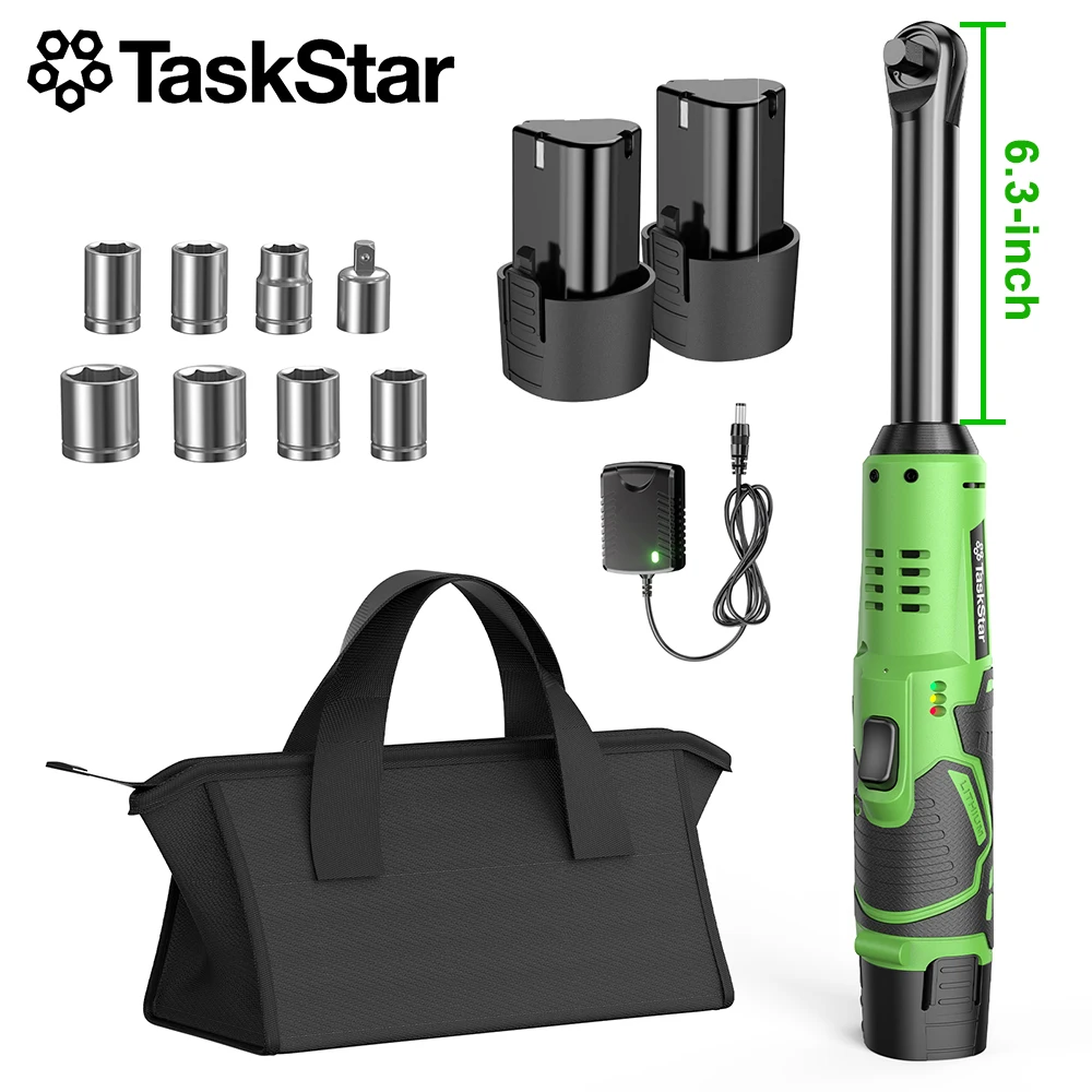 Clé à ratchet sans fil TaskStar avec 2 batteries 2.0Ah et 7 prises 12V 6 pouces Kits d'outils de clé électrique étendue 200 tours par minute Outils électriques de réparation automatique 30Nm