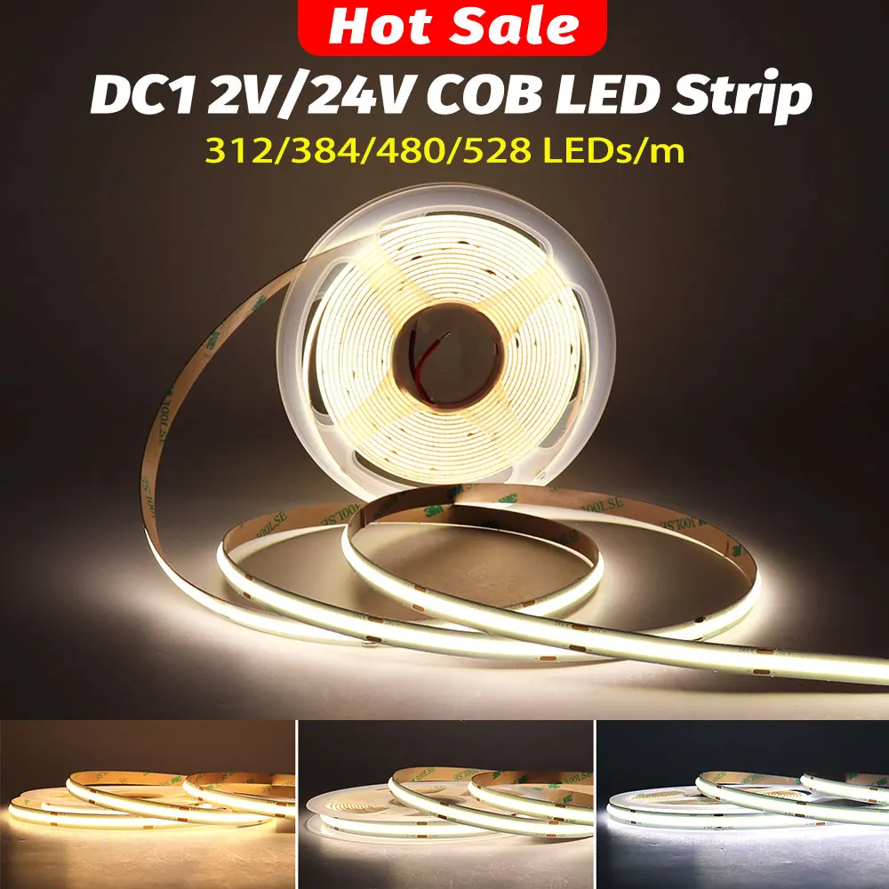 

12V 24V FCOB LED Strip Light 3mm 5mm 8mm 10mm Super Thin Addressable LED Tape 480/528LEDs for Home Decor