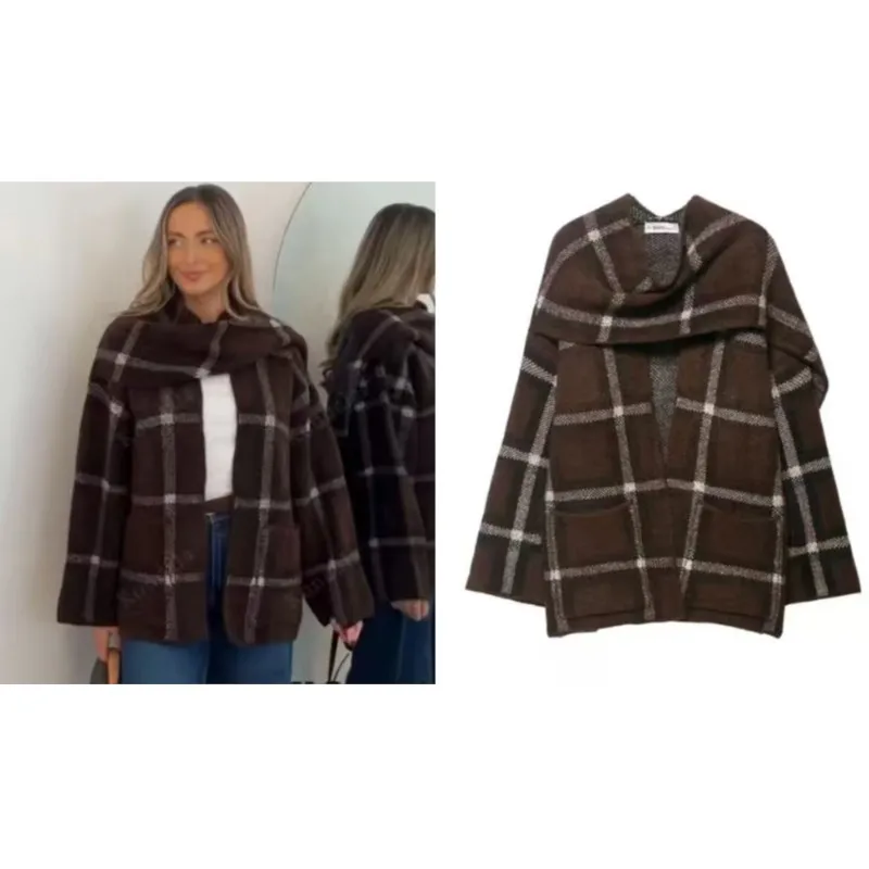 

Клетчатый шарф, вязаное короткое пальто, куртка, женская осенняя куртка с длинным рукавом в английском стиле, свободный кардиган, повседневный женский свитер