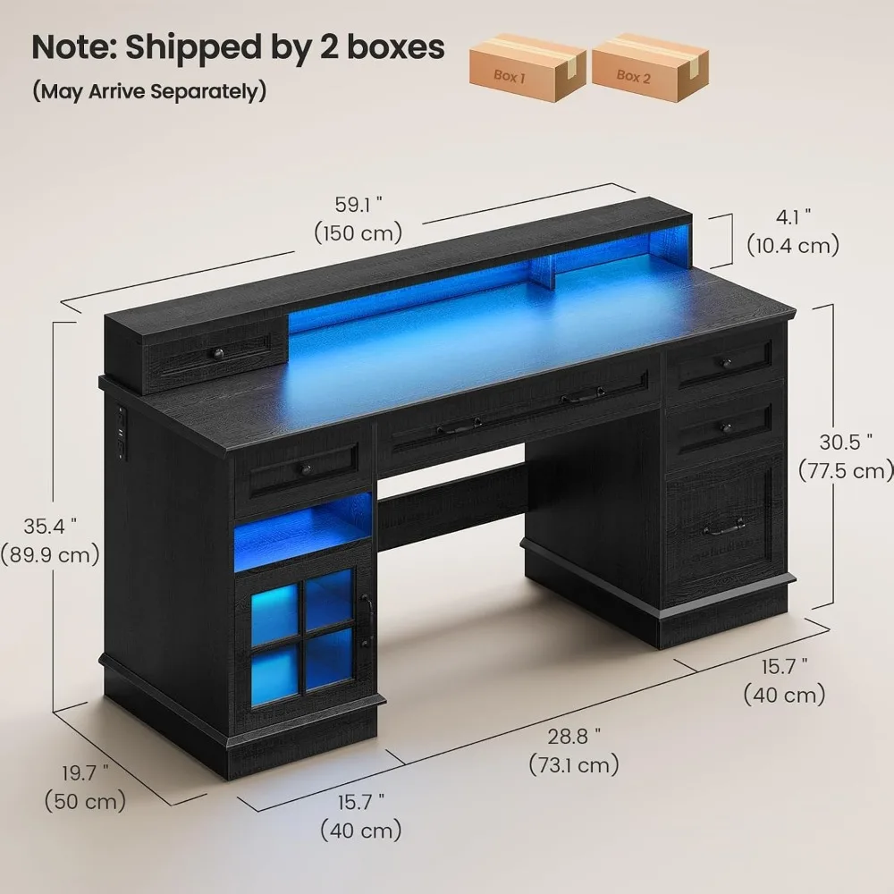 HAUOMS Farmhouse Executive Desk Computer Desk with Drawers，Black | Executive Office Desk with File Drawers, Power Outlet, Led Lights, Storage Cabinet and Monitor Shelf for Home Office