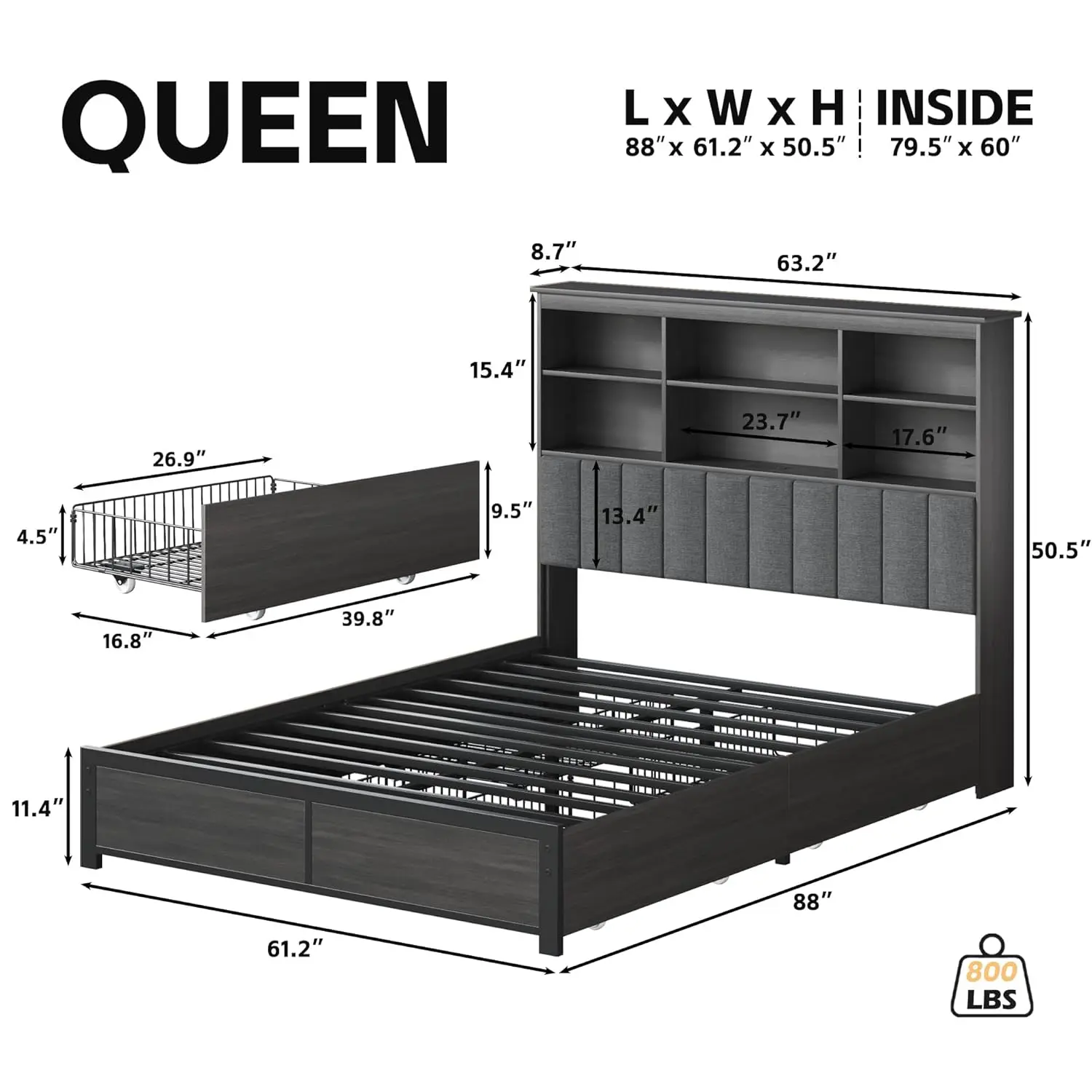 Queen Bed Frame with Storage Headboard, Wood Bed with High Storage Bookcase, 4 Drawers & LED & Charging Station,No Box Spring Ne