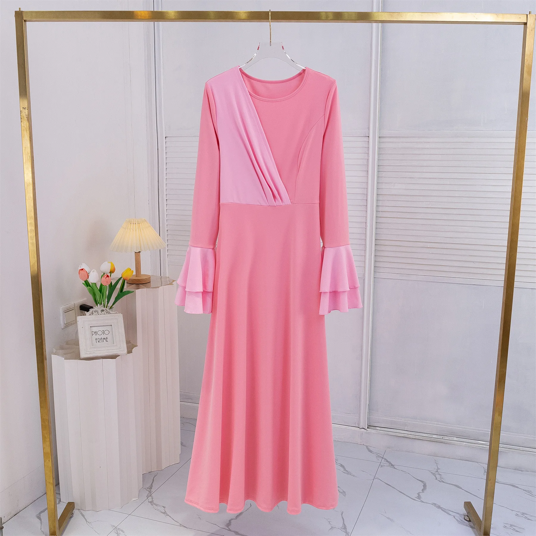 Pink Abayas for Women Muslim Flare Sleeve Bandage Maxi Dress Dubai Turkey Kaftan Eid Ramadan Djellaba Islam Jalabiya Caftan Robe