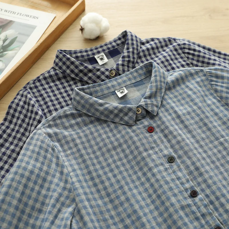 جديد 2025 الخريف غزل القطن قميص طويل الأكمام ، المرأة بدوره إلى أسفل طوق منقوشة ، موري فتاة موضة تخفيف بلوزة فضفاضة T59188CC