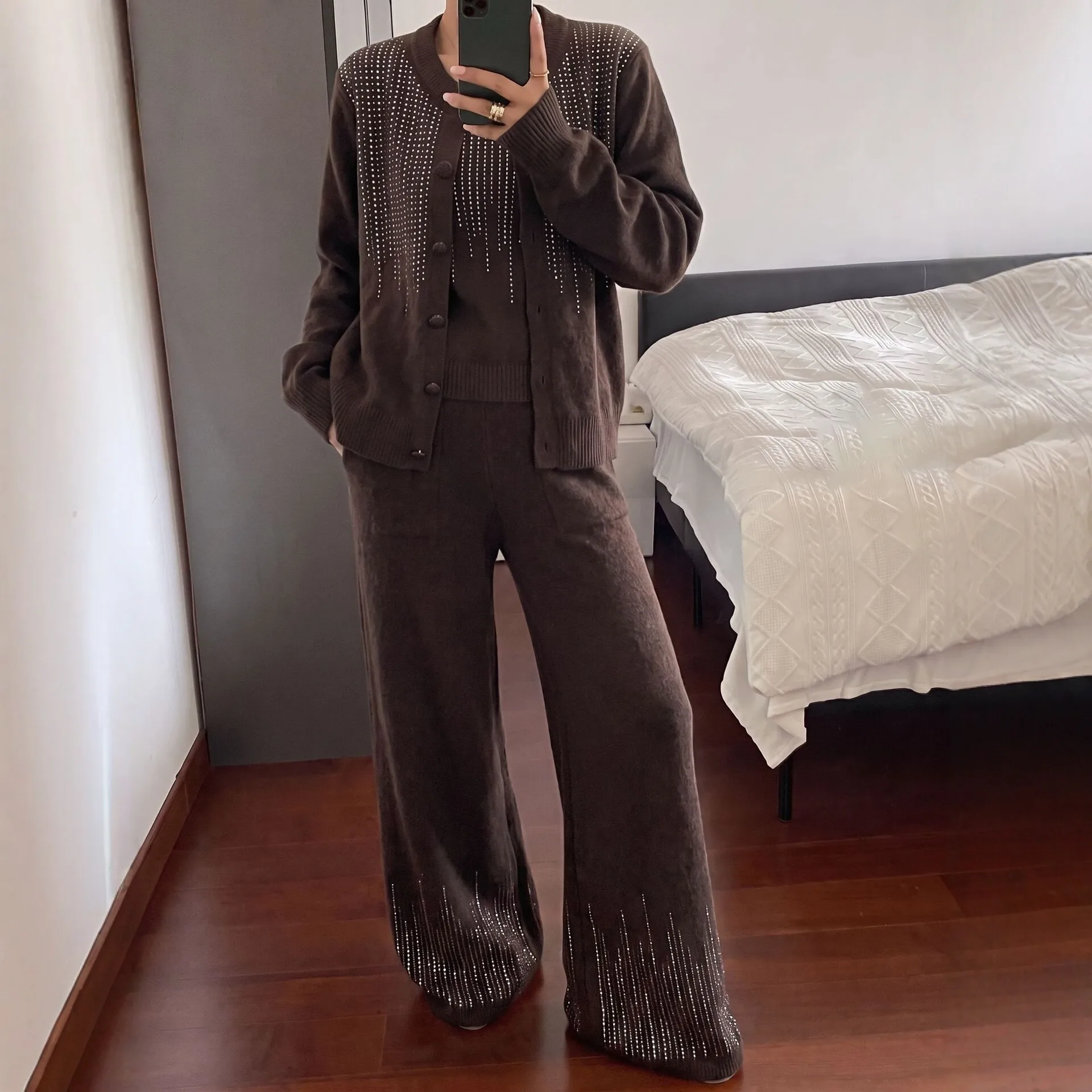 Women Diamond Beaded Knitted Cardigan Hot Drilling Rhinestones Sweater Coat Long Sleeve Knitwear Tops + Wide Legs Pants 3Pcs Set