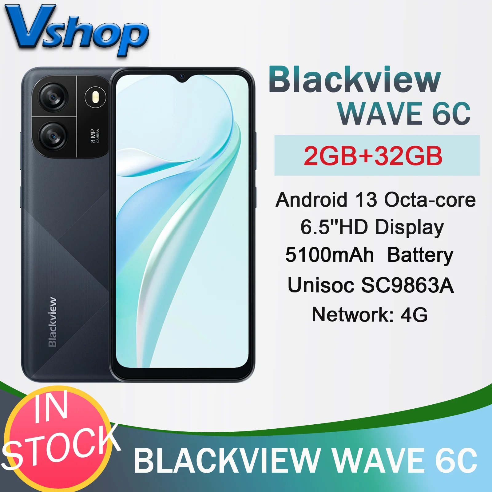 Blackview WAVE 6C Rugged Phone 2GB+32GB 6.5''HD Display 8MP Camera 5100mAh Battery Android 13 Unisoc SC9863A 4G Smartphone