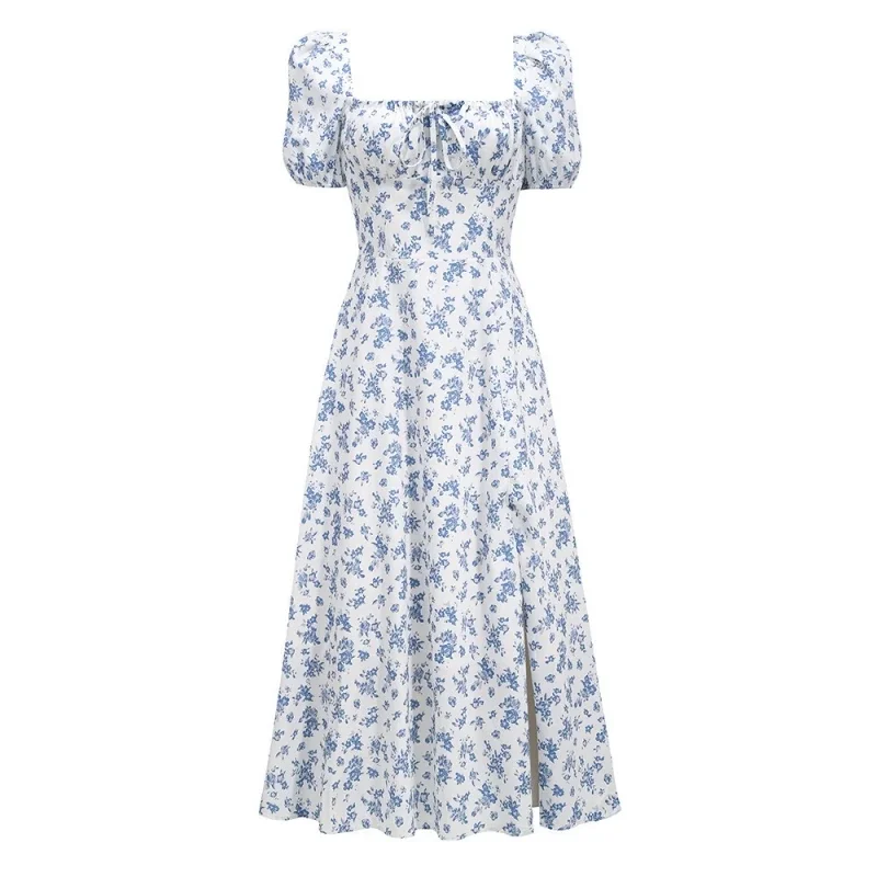 European and American women's summer new printed French floral open back slim strap slit dress Sweet Off Shoulder Ruffle Dress