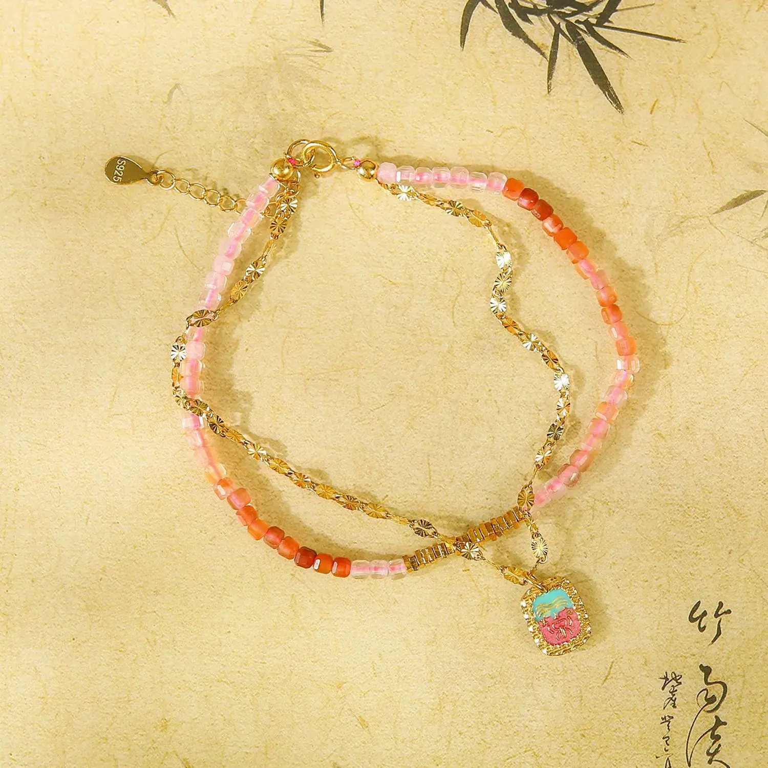 

Double-Layer Pink Ombre Beaded Choker with Enamel Flower Charm – Romantic Bohemian Oriental Style Jewelry