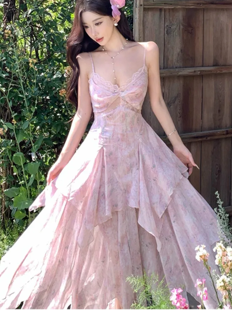 

Women Summer Floral Elegant Midi Party Dress Spaghetti Strap Casual Beach Holiday Clothes Female Vestidos New