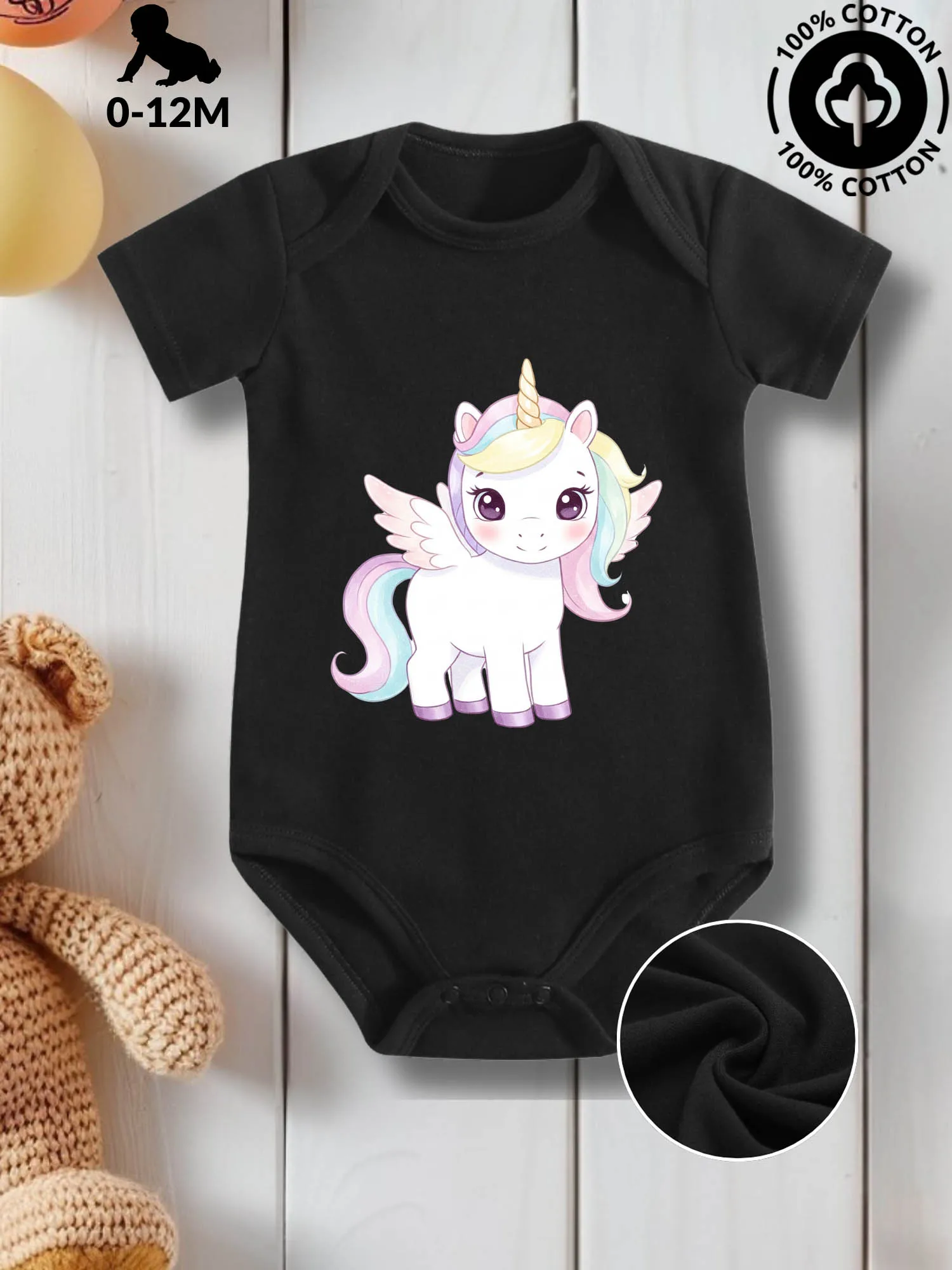 

Winged White Unicorn Unisex Baby Crawling Suit, Pure Cotton Skin Care Onesie, All-Season Wear Black Bodysuit 190GSM