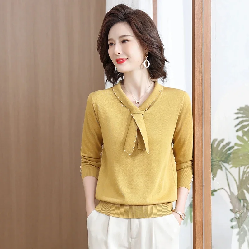 

Middle Aged Elderly Women's Fashion Knitted Sweaters Pullover Spring Autumn Clothing 2025 NewLong Sleeves Loose Thin Base Tops