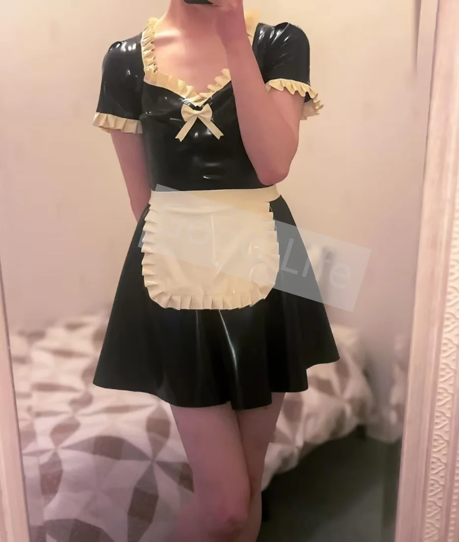 

Handmade Fetish Natural Latex Woman Uniform Dress Black With White Decoration Rubber Halloween Cosplay Skirt Latex Maid Outfit